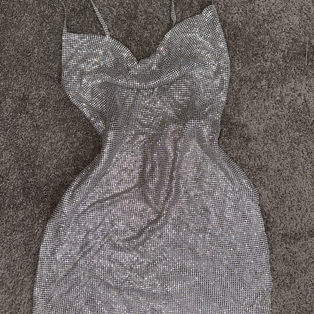 PrettyLittleThing Silver Halter Chain Mini Dress